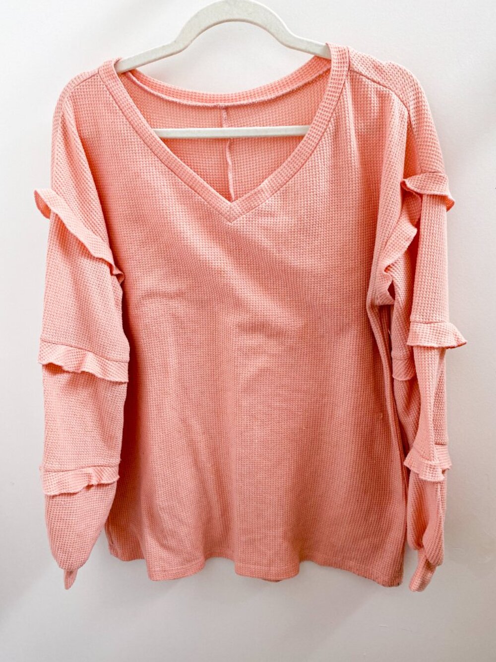 Peachy Pink Waffle Knit Ruffled Sleeve Top - Size Large